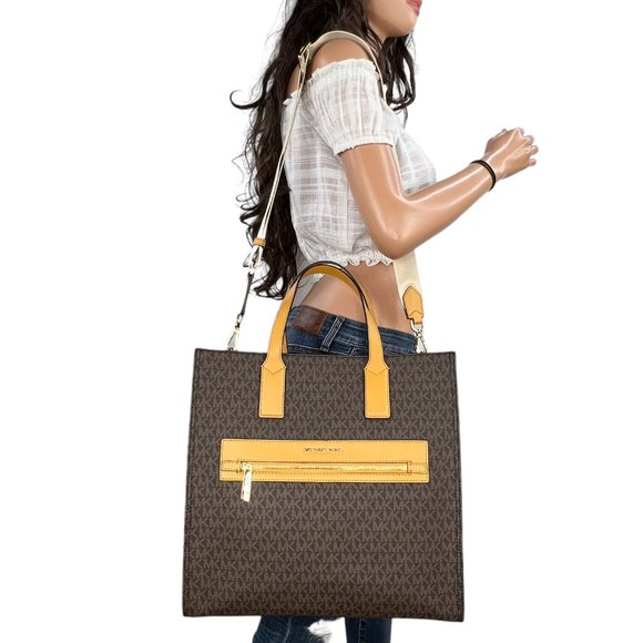Michael Kors Kenly Large North South Tote Shoulder Bag MK Brown Yellow - Picture 2 of 10